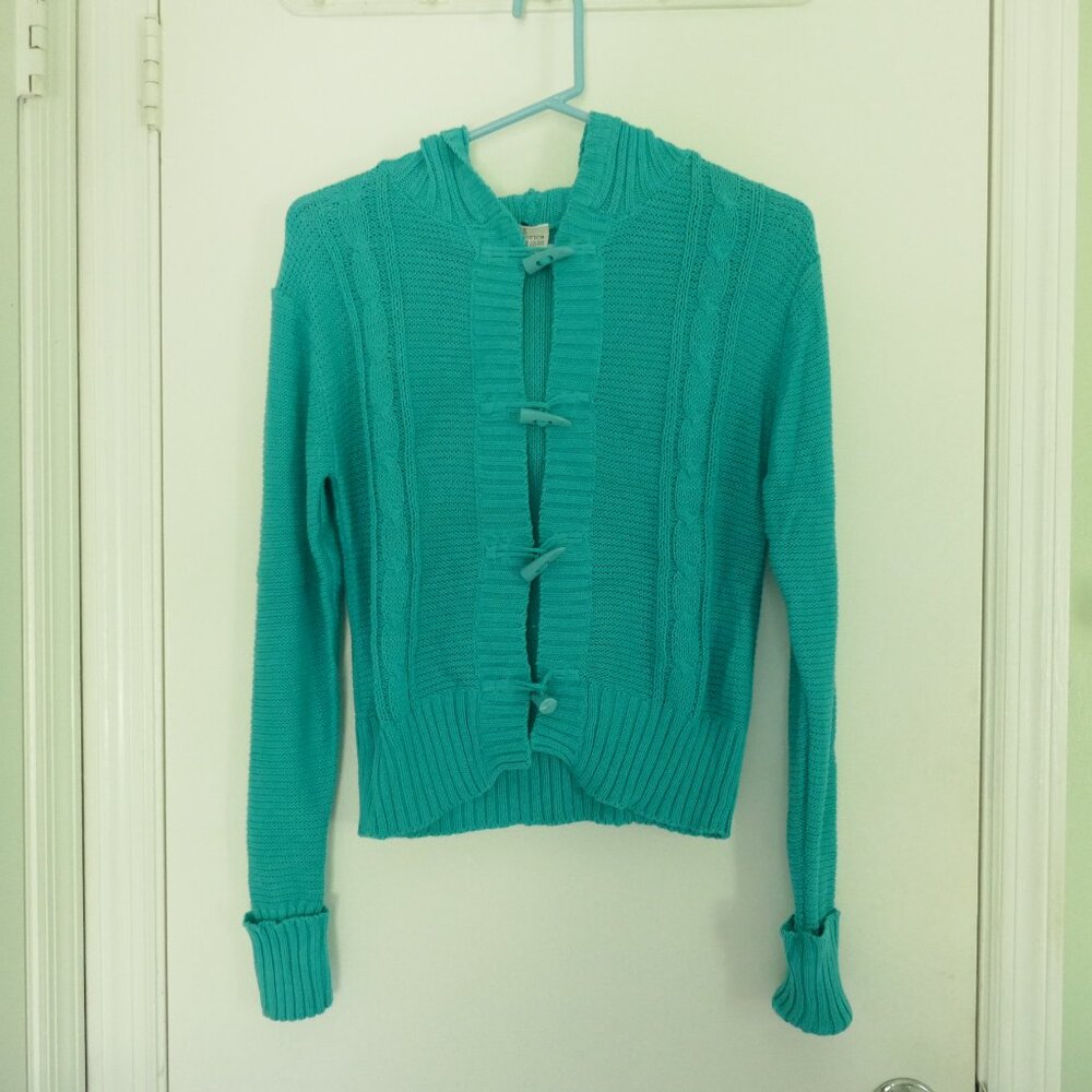 cozy aqua cable knit hooded cardigan open front sweater size S